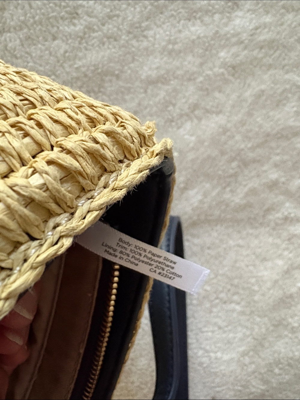 Talbots Woven Straw Summer Tote with Navy Handles and Zipped Top. Fully - Picture 6 of 6